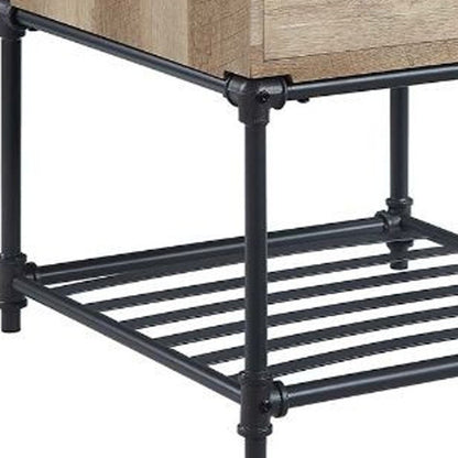 22" Oak And Black Wood And Iron Square End Table With Drawer And Shelf