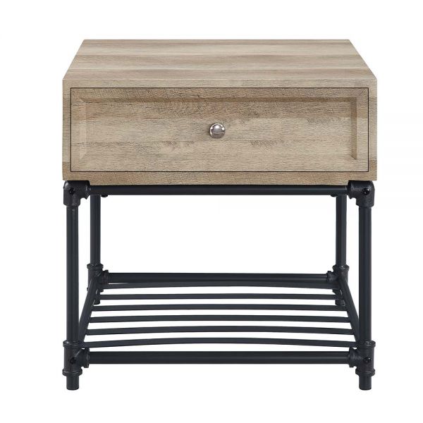 22" Sandy Black And Oak Manufactured Wood And Metal Square End Table With Drawer And Shelf