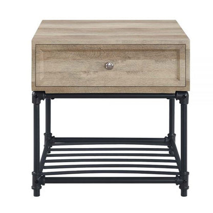 22" Oak And Black Wood And Iron Square End Table With Drawer And Shelf