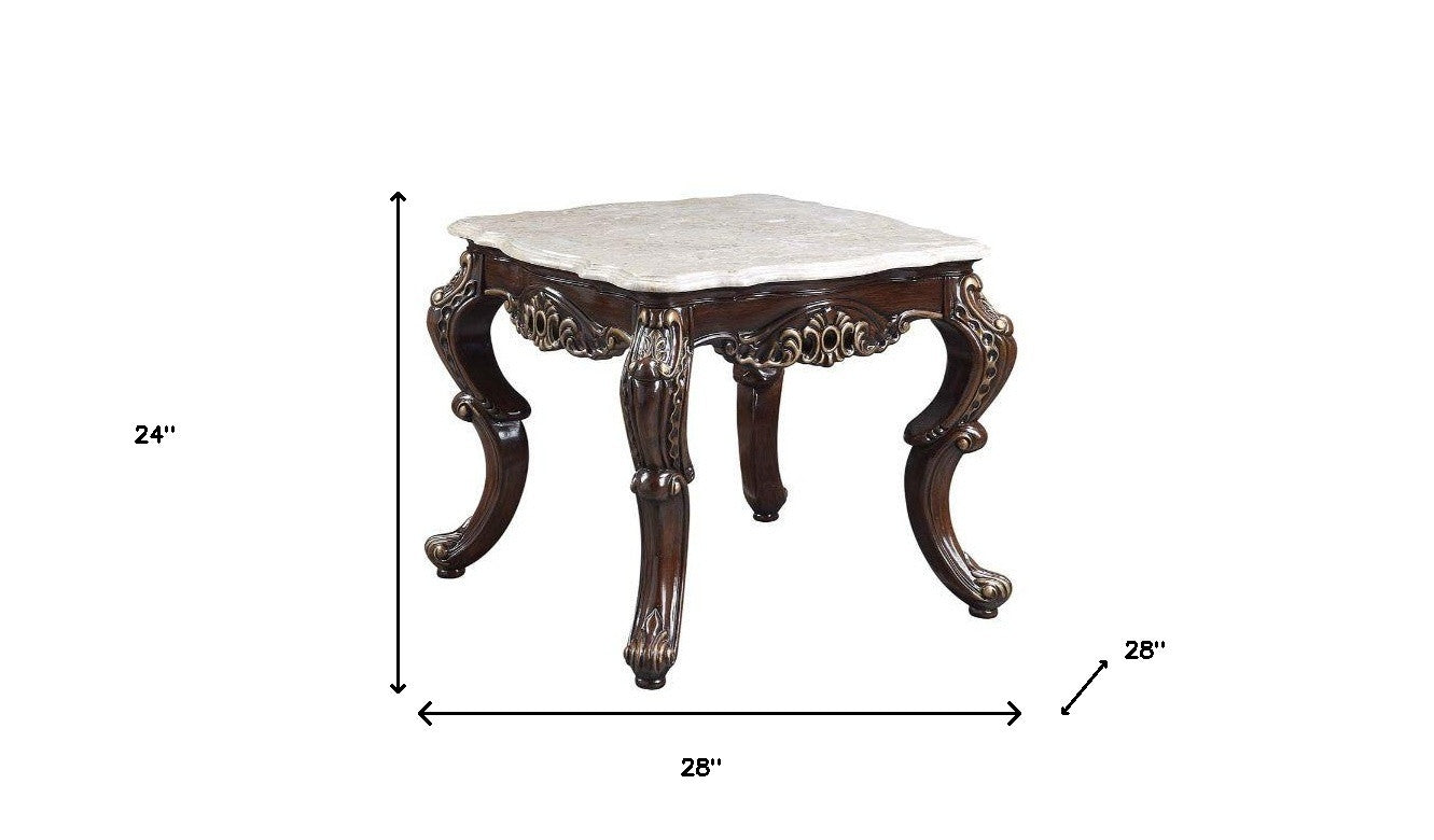 24" Antique Oak And Marble Marble And Resin Square End Table