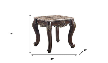 26" Cherry And Marble Marble And Solid Wood Square End Table