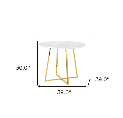 39" White And Gold Rounded Iron Pedestal Base Dining Table