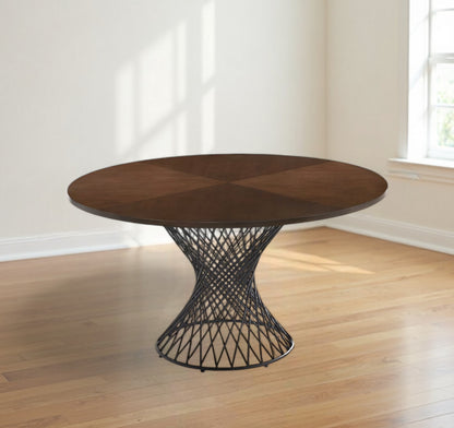 54" Brown And Black Rounded Solid Manufactured Wood And Iron Pedestal Base Dining Table