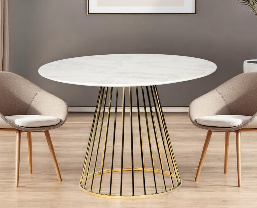 43" White And Gold Rounded Stainless Steel Pedestal Base Dining Table