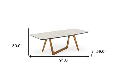 91" White And Brown Stone Trestle Base Dining Table