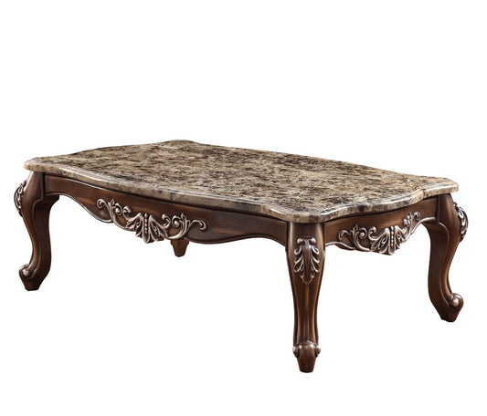 57" Brown and Oak Faux Marble And Wood Coffee Table