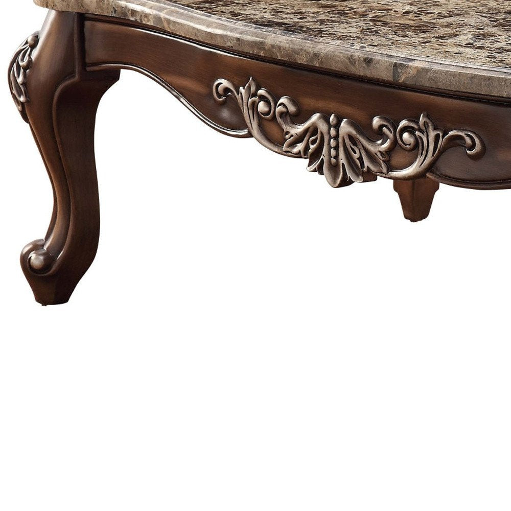 57" Brown and Oak Faux Marble And Wood Coffee Table