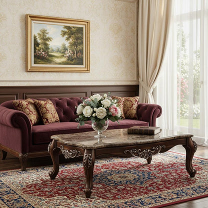 57" Brown and Oak Faux Marble And Wood Coffee Table