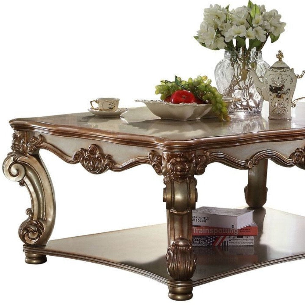 58" Gold Wood Floor Shelf Coffee Table With Shelf