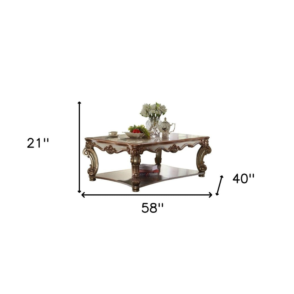 58" Gold Wood Floor Shelf Coffee Table With Shelf