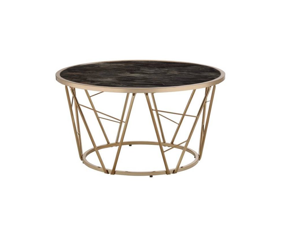 33" Black and Champagne Glass And Faux Marble And Metal Round Frame Coffee Table