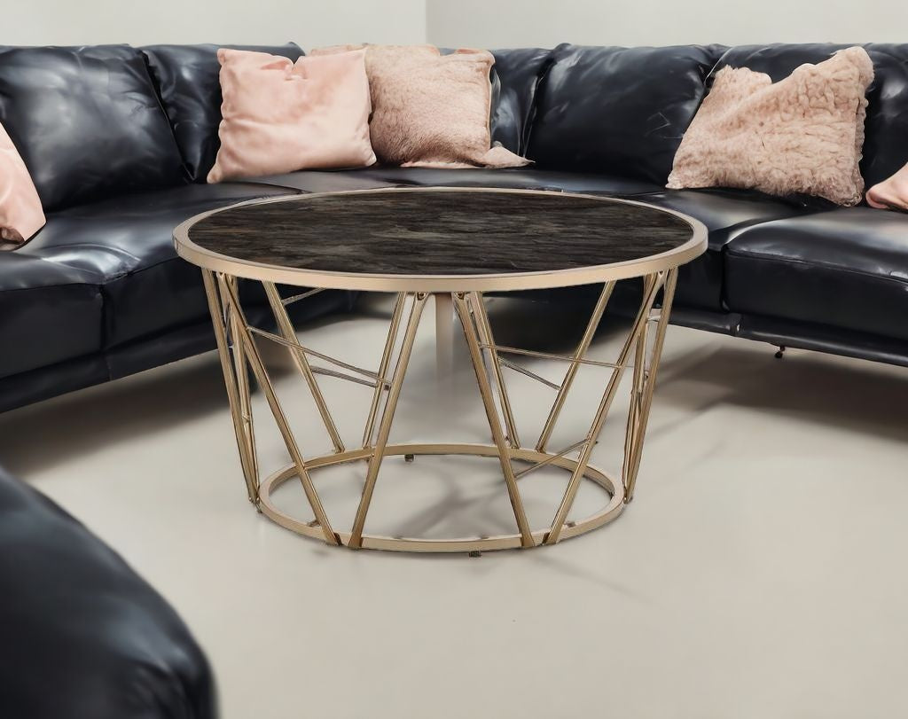 33" Gold Steel And Faux Black Marble Round Top Coffee Table