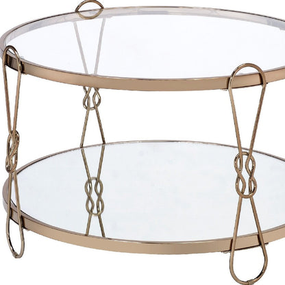 32" Silver and Champagne Mirrored Glass And Metal Round Frame Coffee Table With Shelf