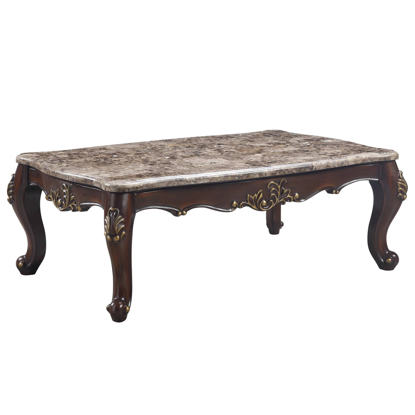 56" Cherry And Marble Faux Marble And Solid Wood Rectangular Coffee Table