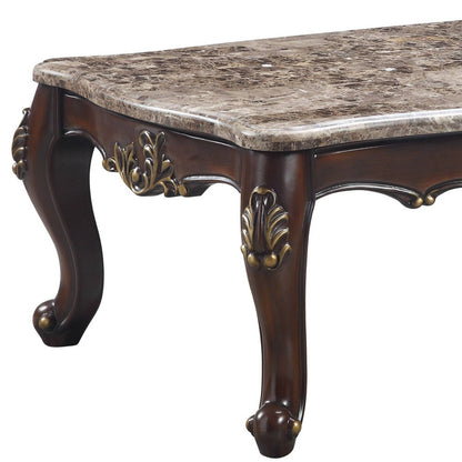 56" Cherry And Marble Faux Marble And Solid Wood Rectangular Coffee Table