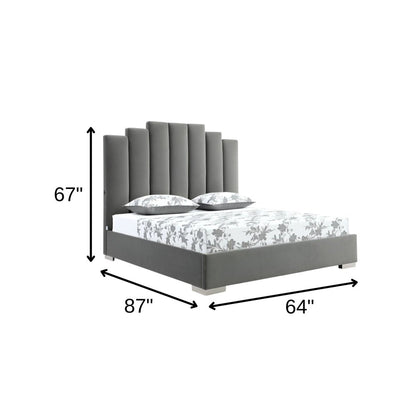 Queen Grey Upholstered Vertical Channel Velvet Bed with USB