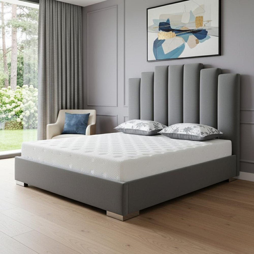 Queen Grey Upholstered Vertical Channel Velvet Bed with USB