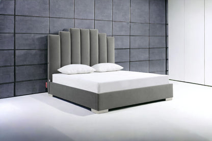 Queen Grey Upholstered Vertical Channel Velvet Bed with USB