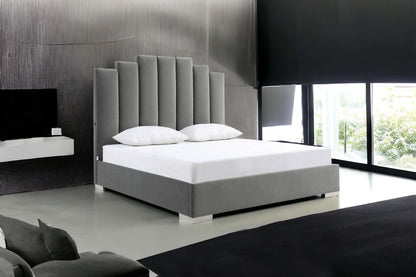 Queen Grey Upholstered Vertical Channel Velvet Bed with USB