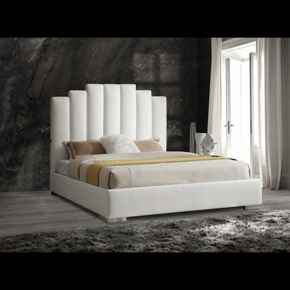 Queen White Vertical Channel Faux Leather Bed with USB