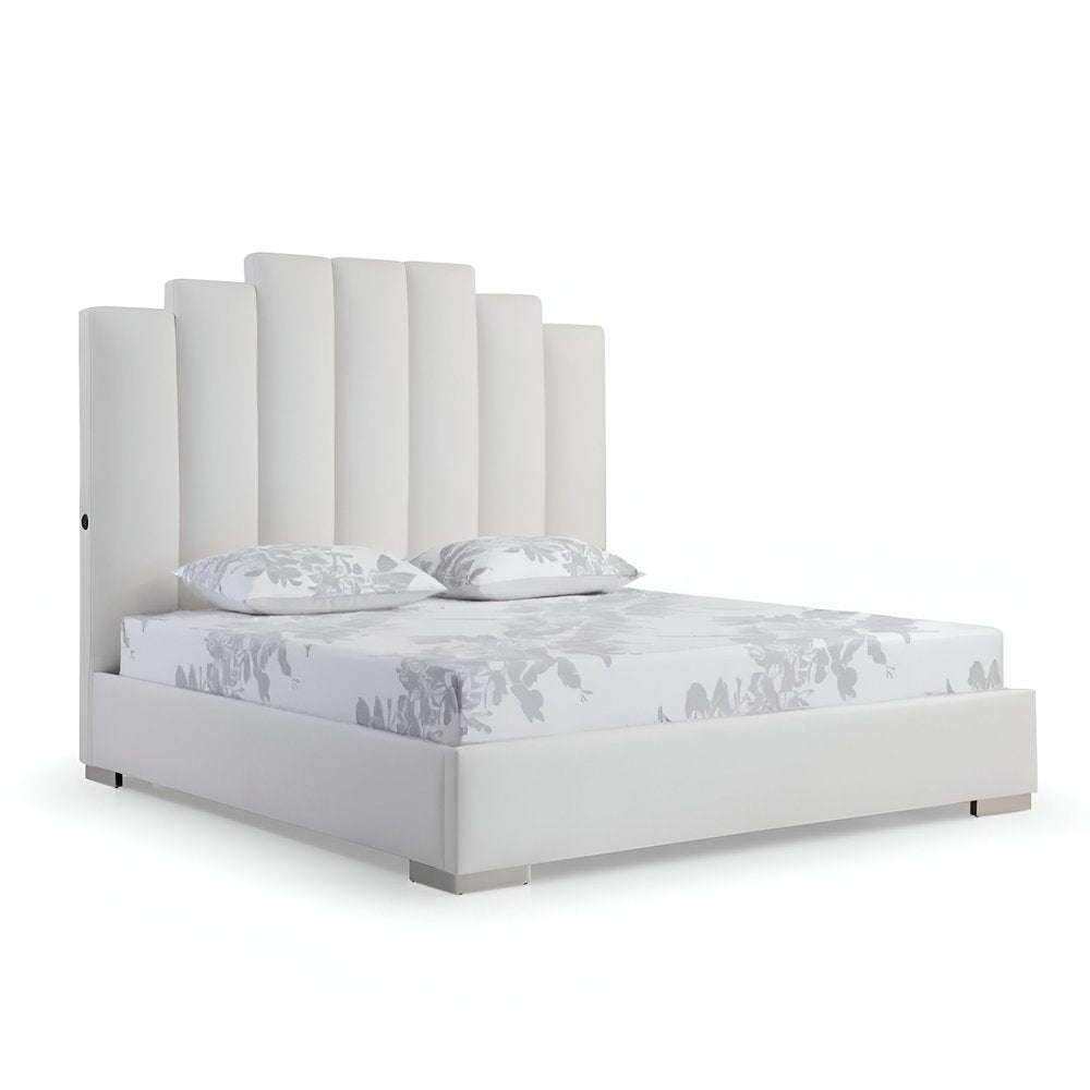 White Wood And Faux Leather Queen Bed Frame with USB