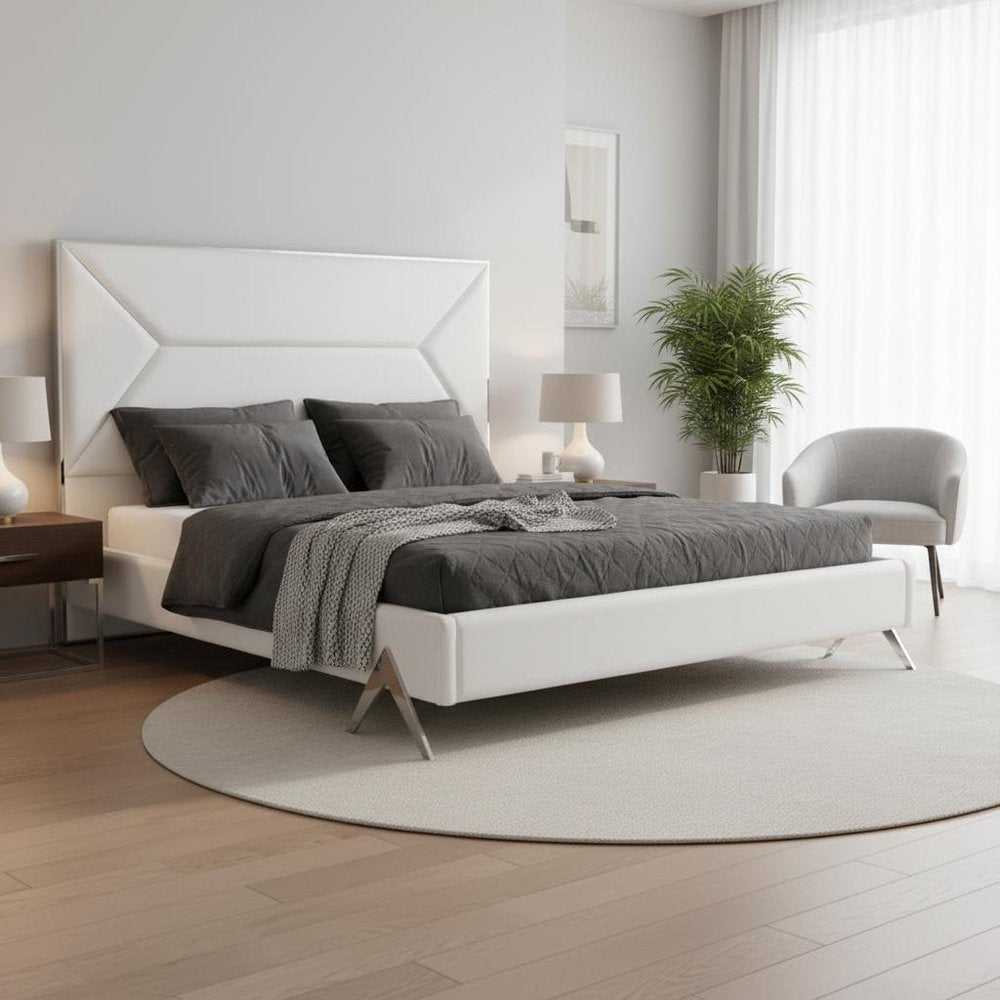White Tufted Faux Leather Upholstered Queen Bed Frame