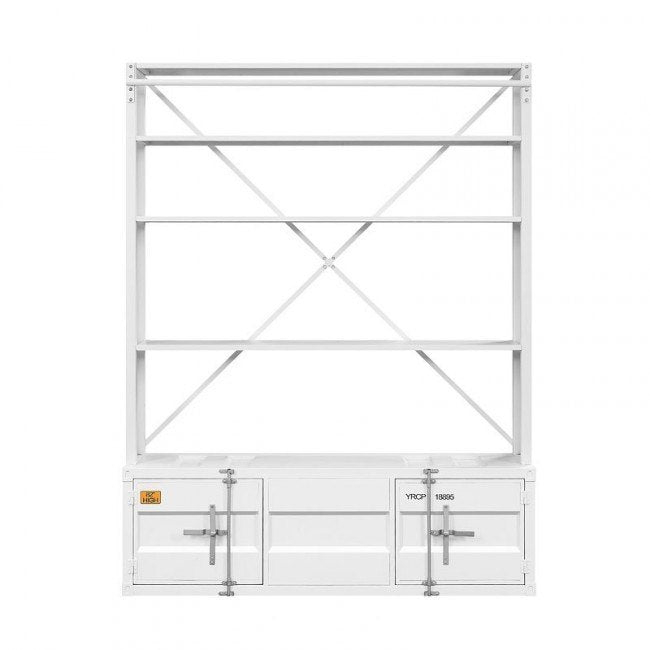 83" White Four Tier Cargo Style Bookcase with Cabinets and Ladder