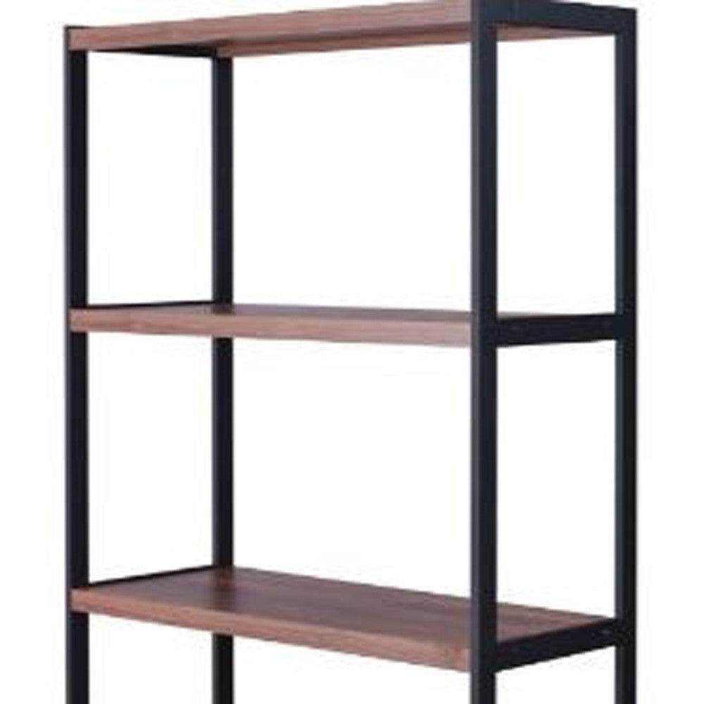 70" Brown and Black Metal Three Tier Bookcase with Two doors