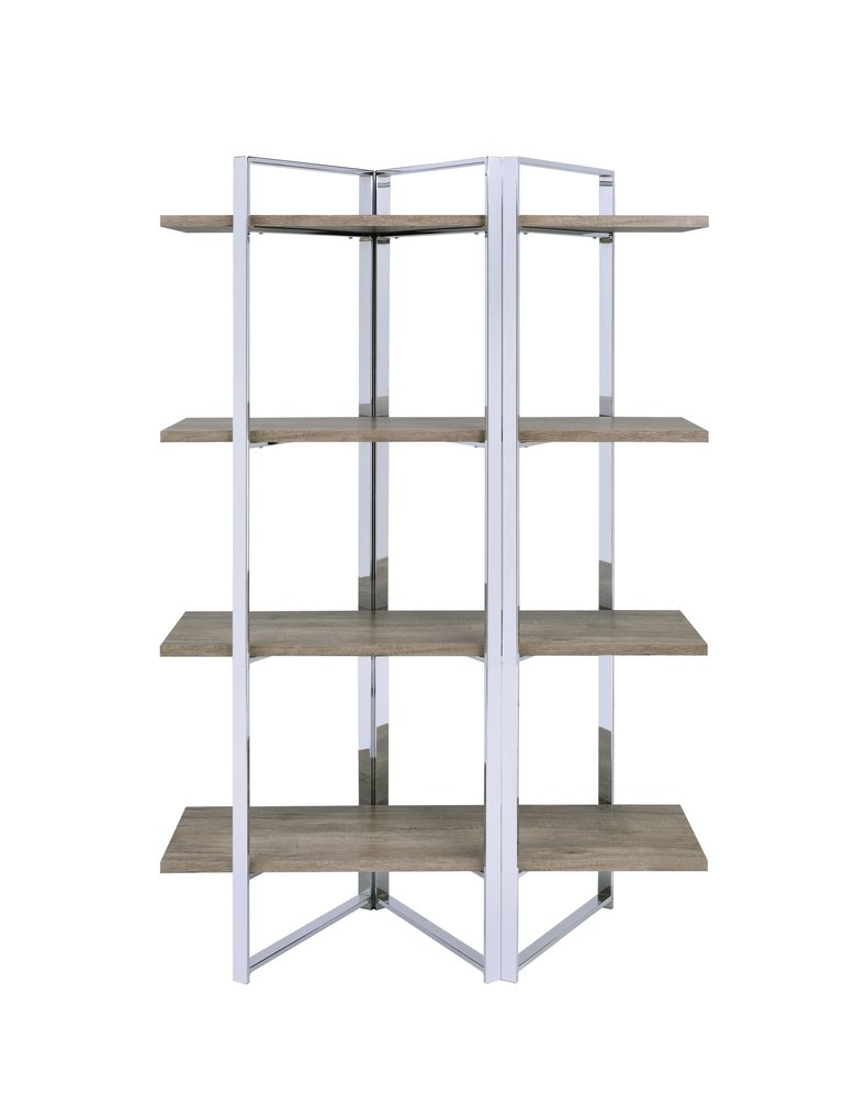 72" Natural And Silver Metal and Wood Four Tier Etagere Bookcase