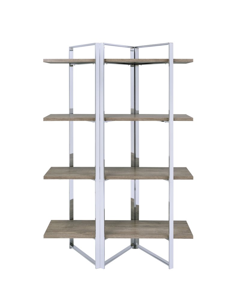 72" Natural And Silver Metal and Wood Four Tier Etagere Bookcase