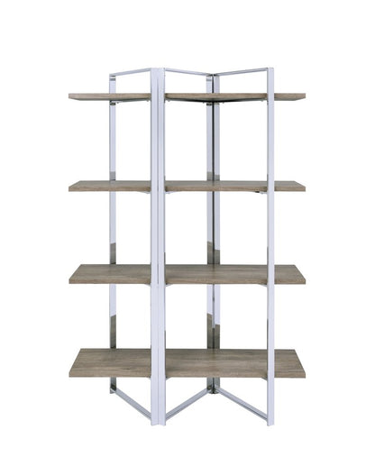 72" Natural And Silver Metal and Wood Four Tier Etagere Bookcase