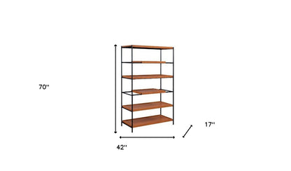 70" Brown and Black Metal Six Tier Etagere Bookcase