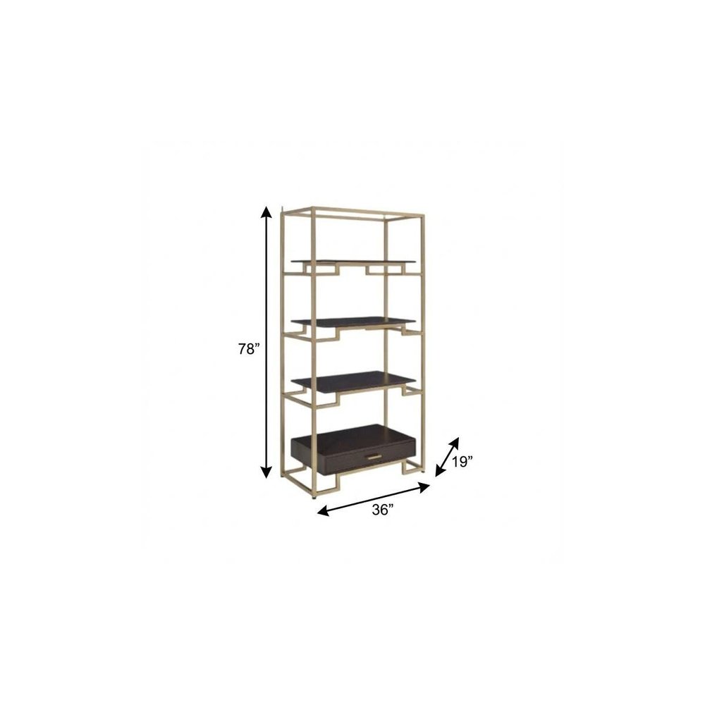78" Gold and Black Metal Four Tier Etagere Bookcase with a Drawer