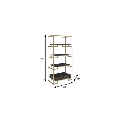 78" Gold and Black Metal Four Tier Etagere Bookcase with a Drawer
