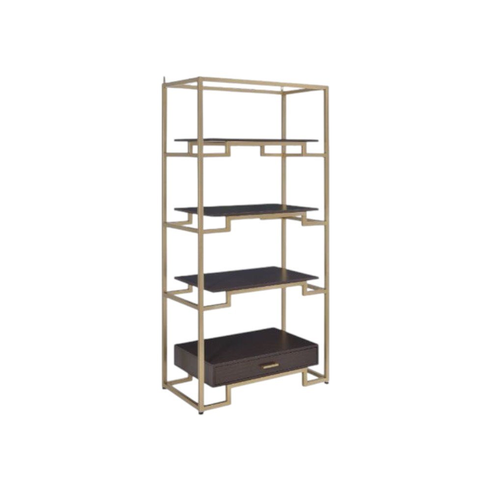 78" Gold and Black Metal Four Tier Etagere Bookcase with a Drawer