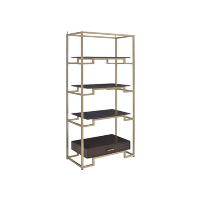 78" Gold and Black Metal Four Tier Etagere Bookcase with a Drawer