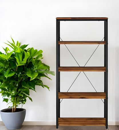 54" Brown and Black Metal Four Tier Etagere Bookcase