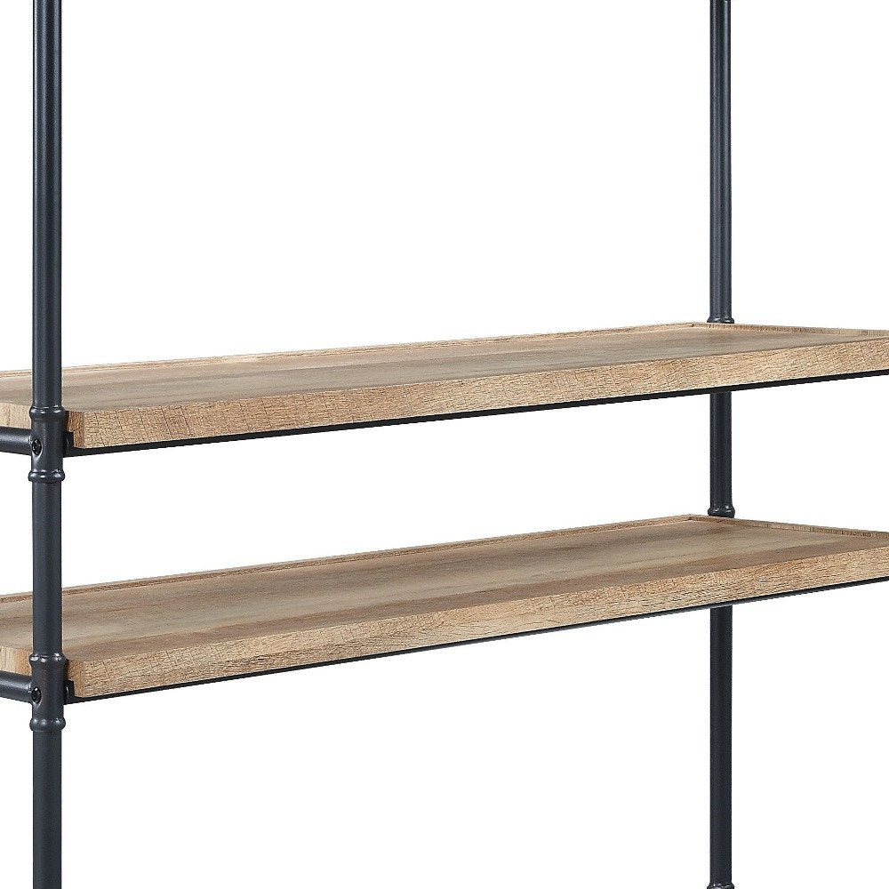 65" Natural And Black Metal and Wood Five Tier Etagere Bookcase
