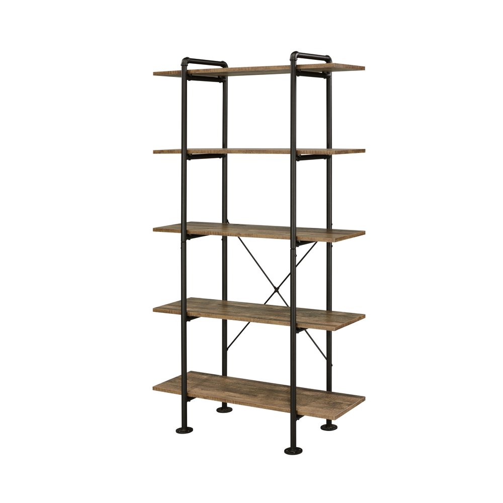 73" Brown And Black Metal Five Tier Etagere Bookcase