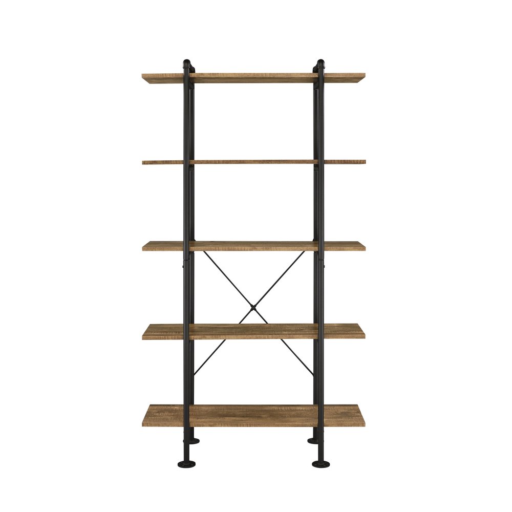 73" Brown And Black Metal Five Tier Etagere Bookcase