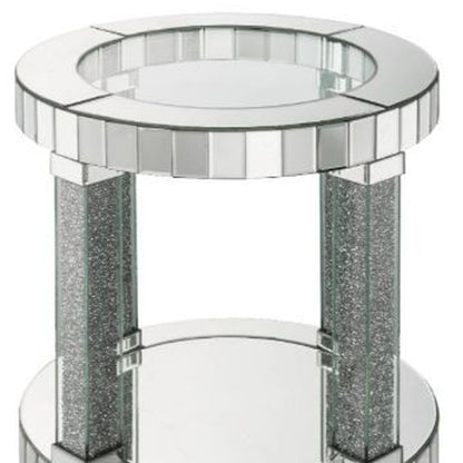 24" Clear Glass Round Mirrored End Table With Shelf