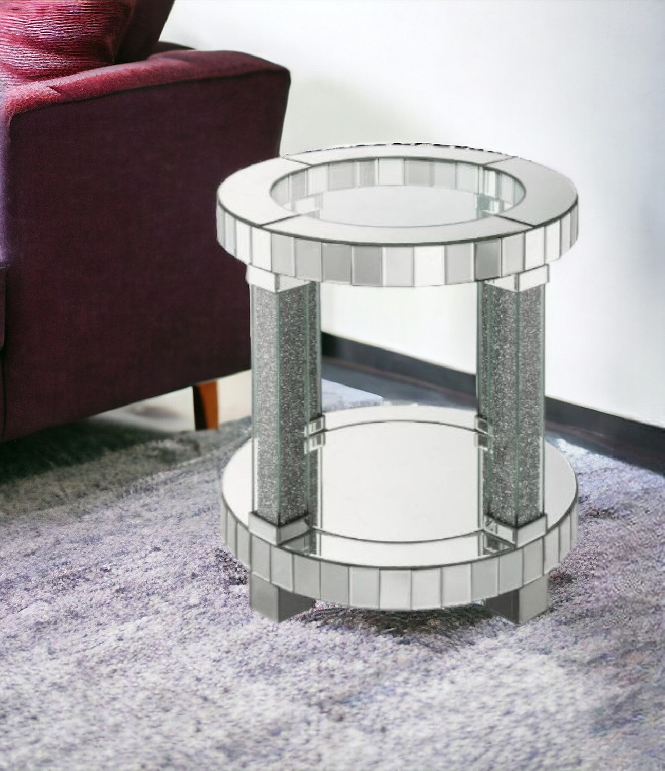 24" Clear Glass Round Mirrored End Table With Shelf