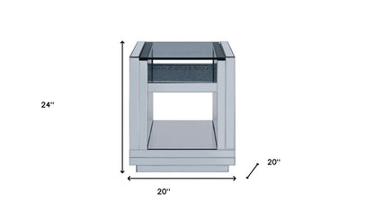 24" Silver Glass And Manufactured Wood Square Mirrored End Table With Two Shelves