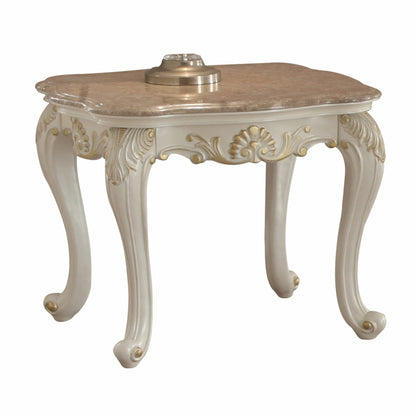 24" Pearl White Brushed With Gold Accents And Light Brown Marble End Table