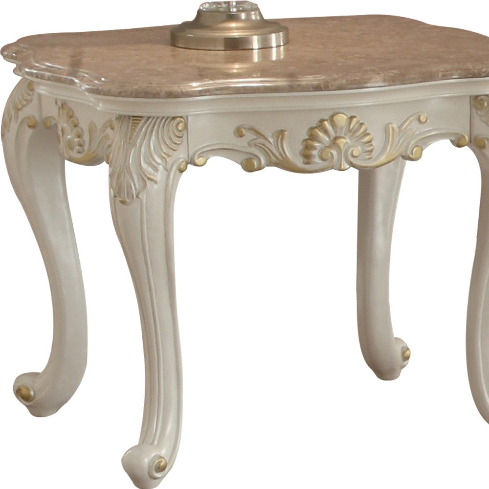 24" Pearl White Brushed With Gold Accents And Light Brown Marble End Table