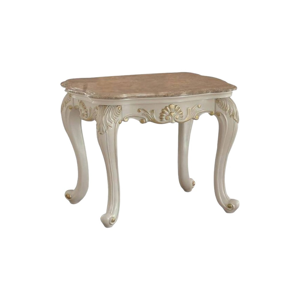 24" Pearl White Brushed With Gold Accents And Light Brown Marble End Table