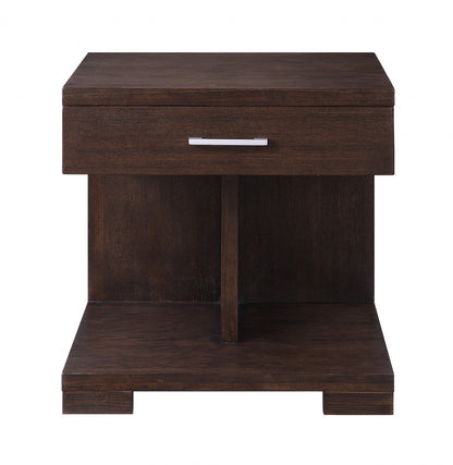 24" Brown Wood Square End Table With Drawer And Shelf