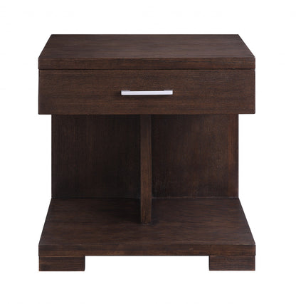 24" Brown Wood Square End Table With Drawer And Shelf