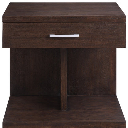 24" Brown Wood Square End Table With Drawer And Shelf