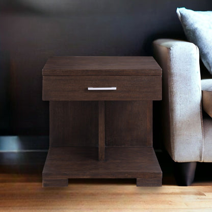 24" Brown Wood Square End Table With Drawer And Shelf